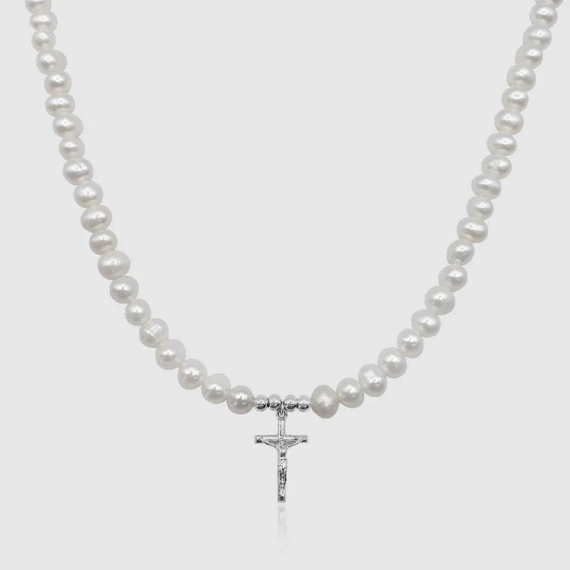 women’s gold name pendant necklace-Crucifix Real Pearl Necklace (Silver)