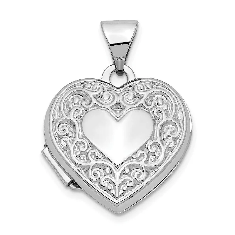 silver custom name charm necklace-Diamond2Deal 14K White Gold Scroll Pattern Heart Locket (W- 16 mm, L- 21 mm)