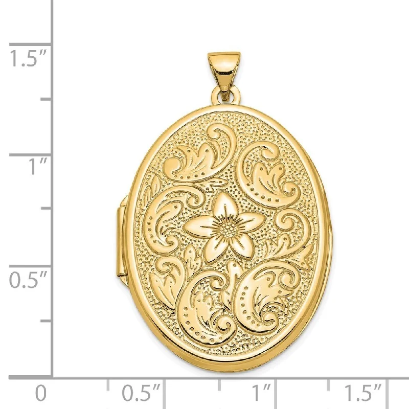 custom engraved silver pendant necklace-Diamond2Deal 14K Yellow Gold 32mm Oval Flower With Scrolls Locket (W- 25 mm, L- 38.50 mm)