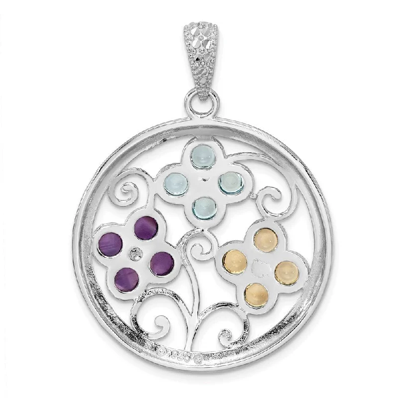 personalized oval pendant necklace-Diamond2Deal 925 Sterling Silver Rhodium-plated Citrine Bl Topaz and Amethyst Flower Pendant