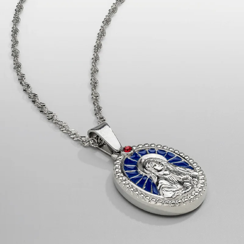 men’s engraved pendant necklace with name-Enamel Virgin Mary (Silver)