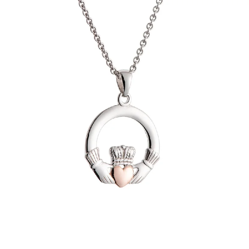 custom engraved silver pendant necklace-Galway Crystal Claddagh Pendant Sterling Silver & Rose Gold