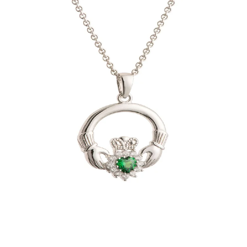 gemstone heart-shaped necklace-Galway Crystal Green Crystal Sparkle Claddagh Sterling Silver Pendant