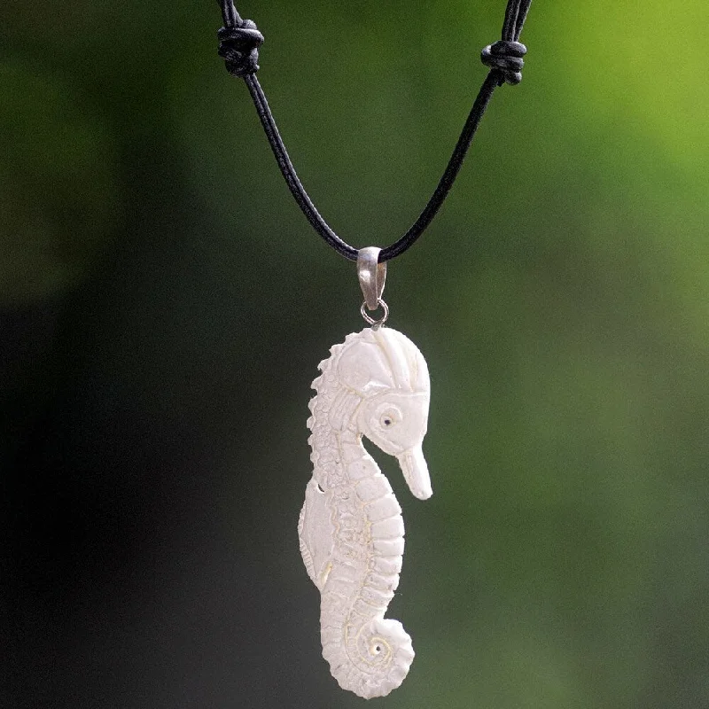 men’s engraved pendant necklace with name-Handcrafted Leather 'Timid Sea Horse' Necklace (Indonesia)