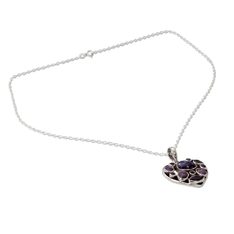 silver leaf pendant necklace-Handmade Amethyst Pendant Necklace, 'Lilac Jaipuri Heart' (India) - 7'6" x 9'6"