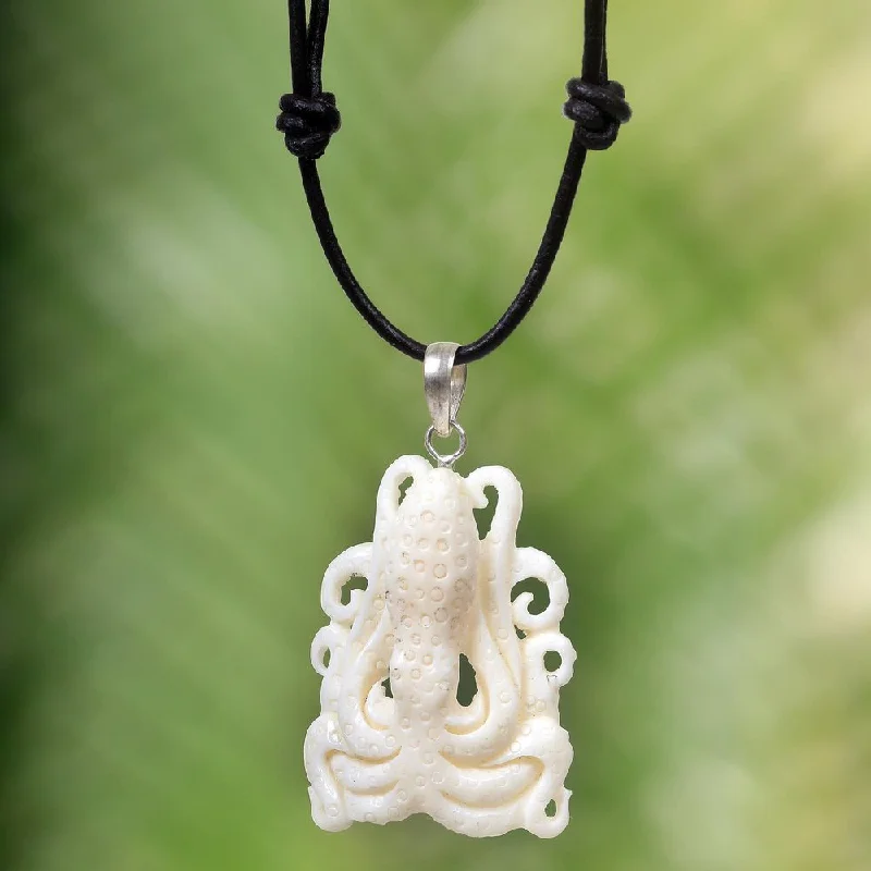 dainty silver heart choker necklace-Handmade Leather 'White Bali Octopus' Necklace (Indonesia)