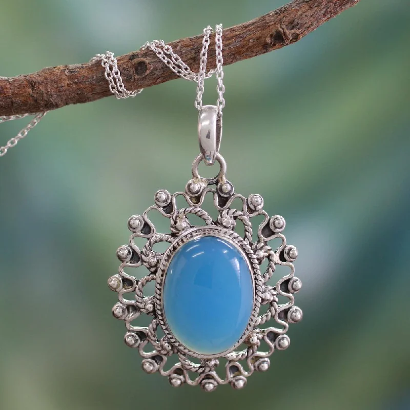 layered initial pendant necklace-Handmade Sterling Silver 'Ancient Blue Sun' Chalcedony Necklace (India) - 7'6" x 9'6" - 7'6" x 9'6"