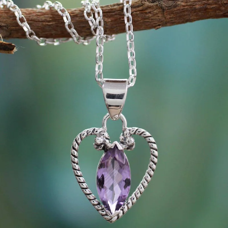 silver charm pendant necklace with initials-Handmade Sterling Silver 'Mystic Love' Amethyst Necklace (India)