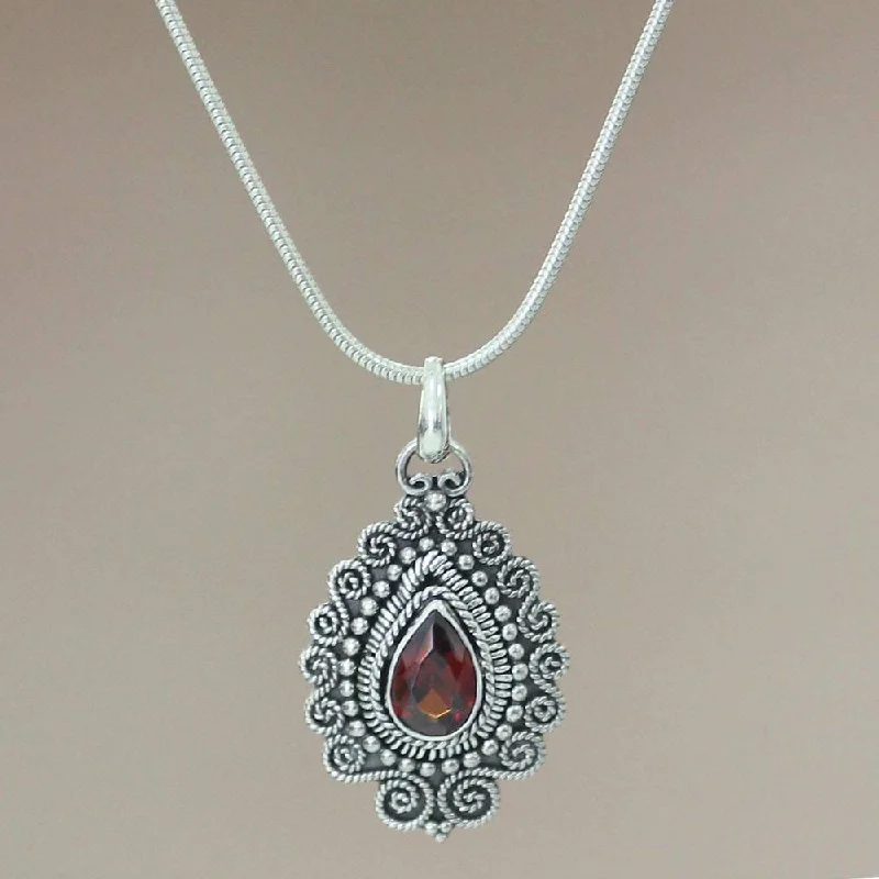 engraved circle pendant necklace-Handmade Sterling Silver 'Queen of Bali' Garnet Necklace (Indonesia)