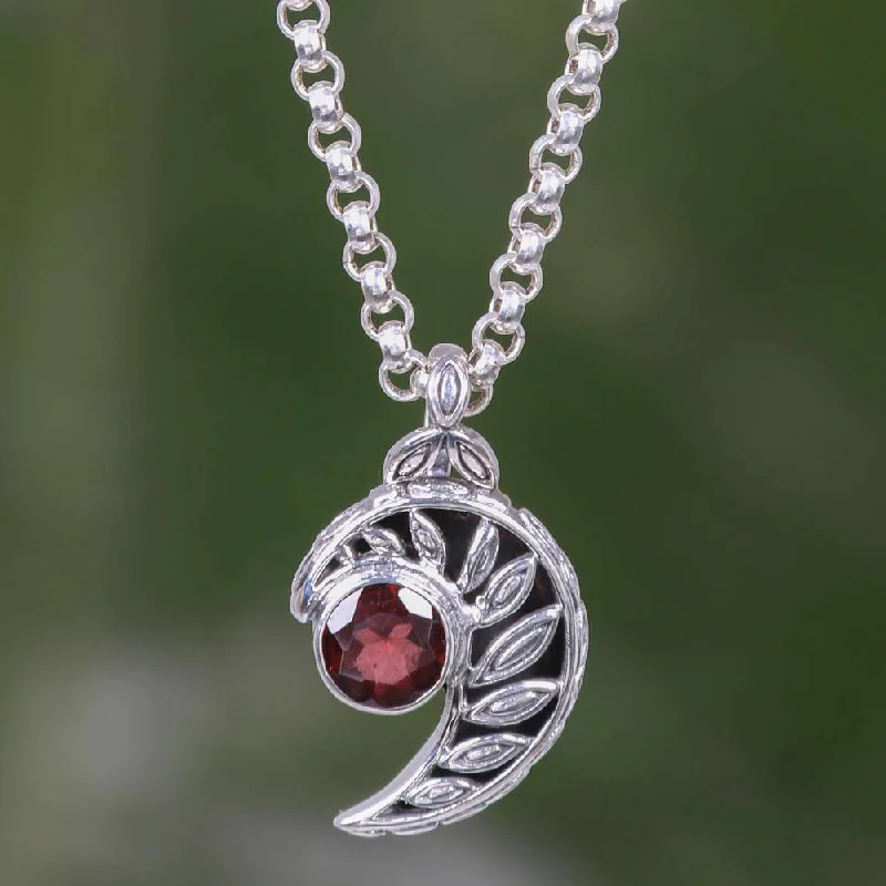 silver long chain pendant necklace-Handmade Sterling Silver 'Silver Fern Embrace' Garnet Necklace (Indonesia)