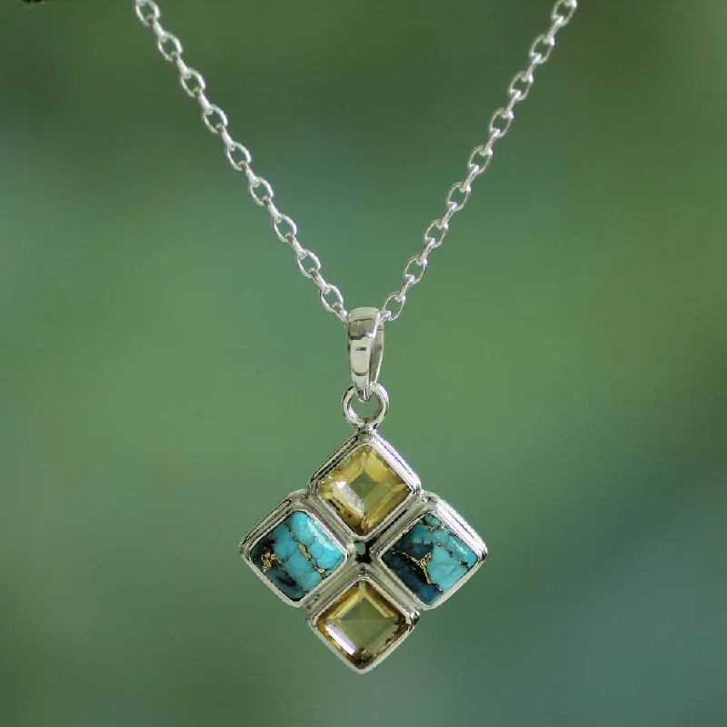 sterling silver necklace for men with initials-Handmade Sterling Silver 'Sun Meets Sky' Citrine Turquoise Necklace (India)