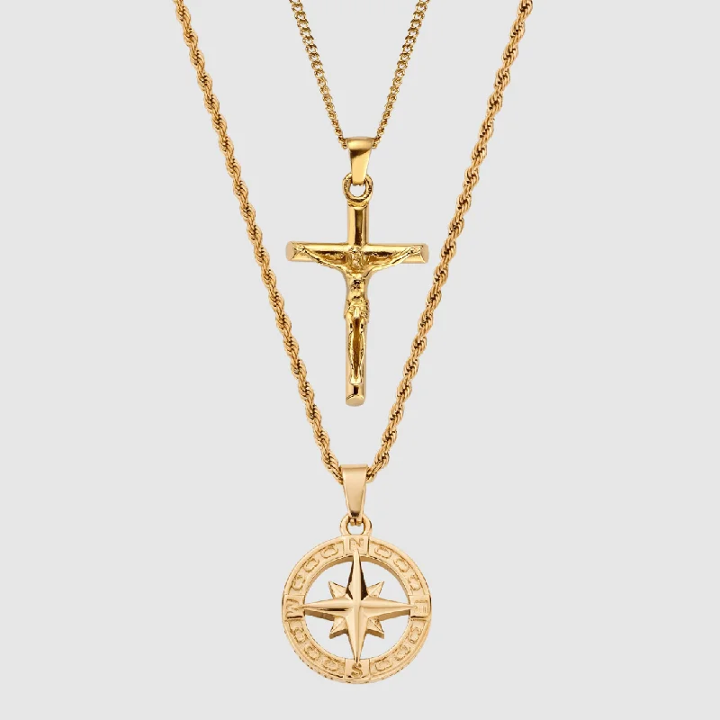 elegant silver pendant for women-North Star x Crucifix Set (Gold)