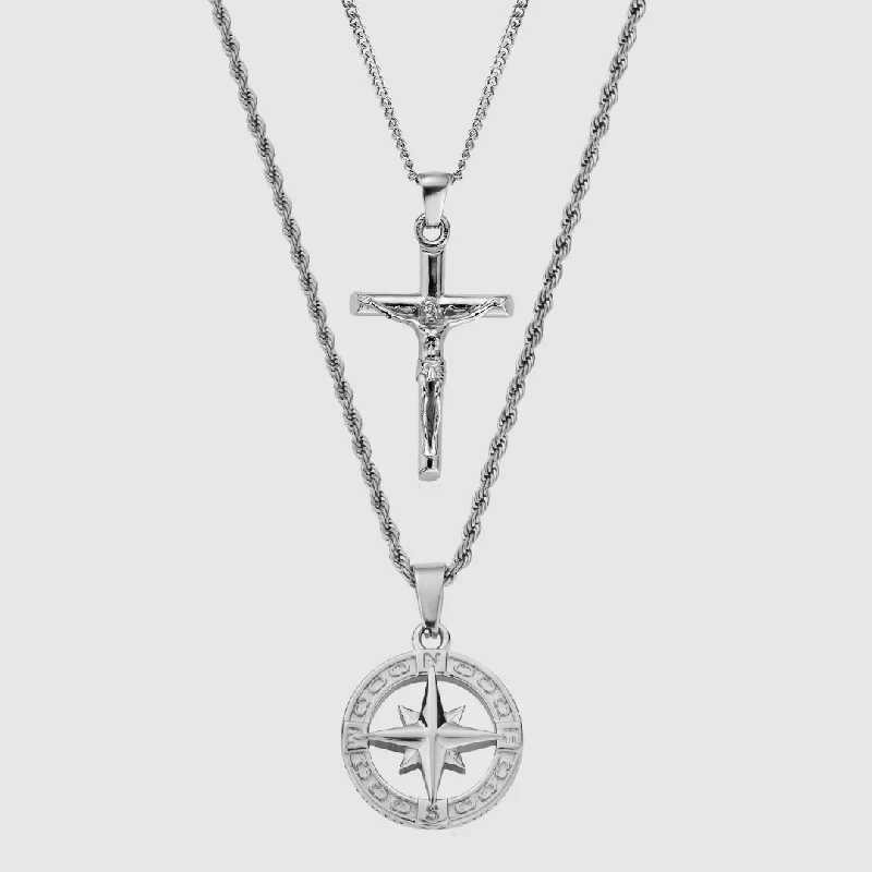 silver moonstone pendant necklace-North Star x Crucifix Set (Silver)