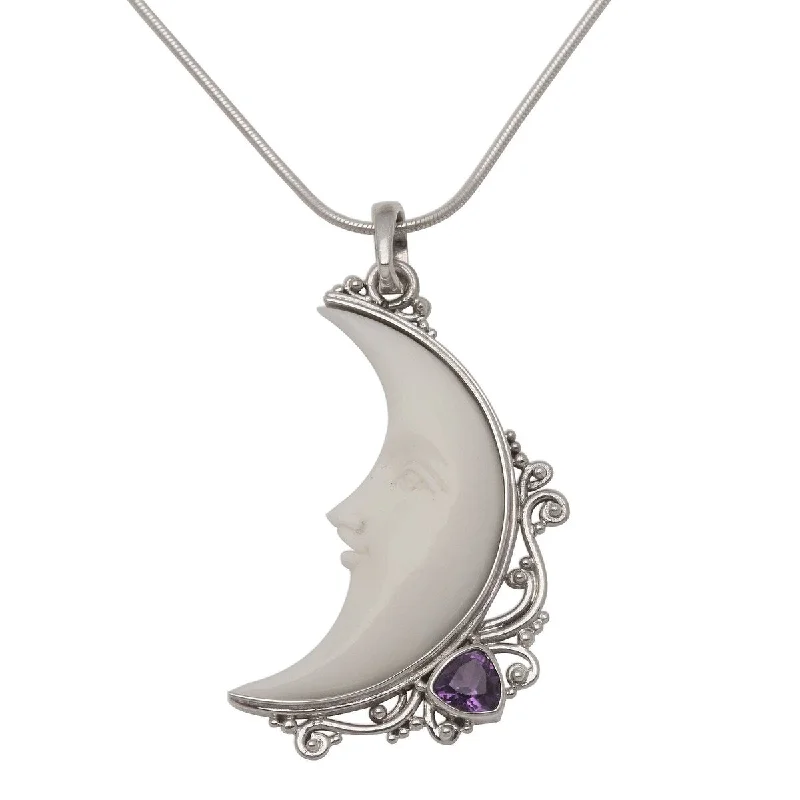 customized birthstone bar necklace-NOVICA Resting Moon, Amethyst and bone pendant necklace