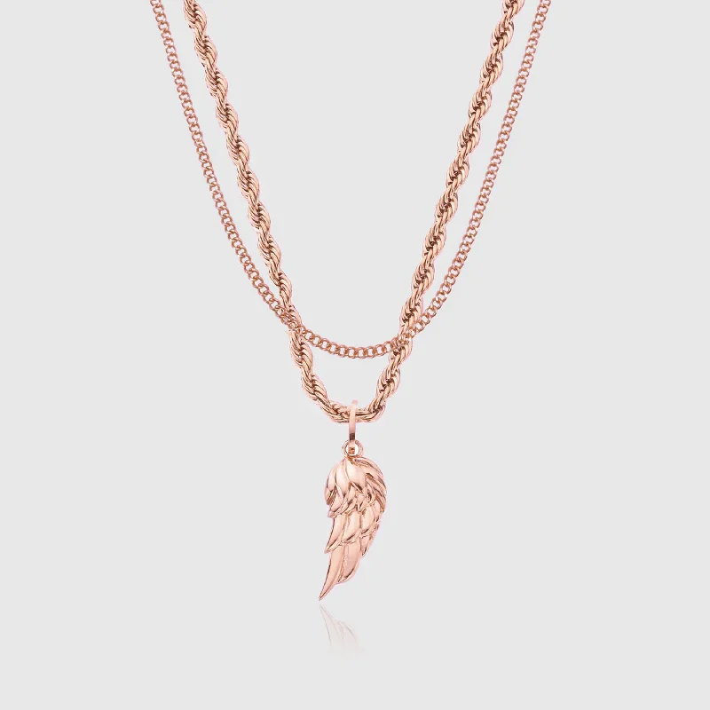 gold heart-shaped pendant necklace-Wing & Connell Set (Rose Gold)