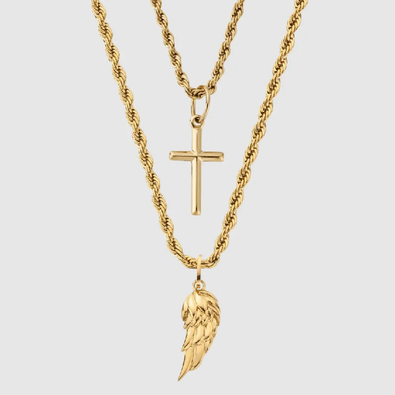 gold pendant with personalized engraving-Wing x Cross Set (Gold)