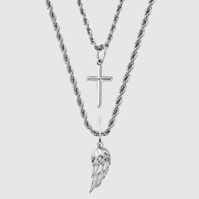 unique gold pendant necklace for women-Wing x Cross Set (Silver)