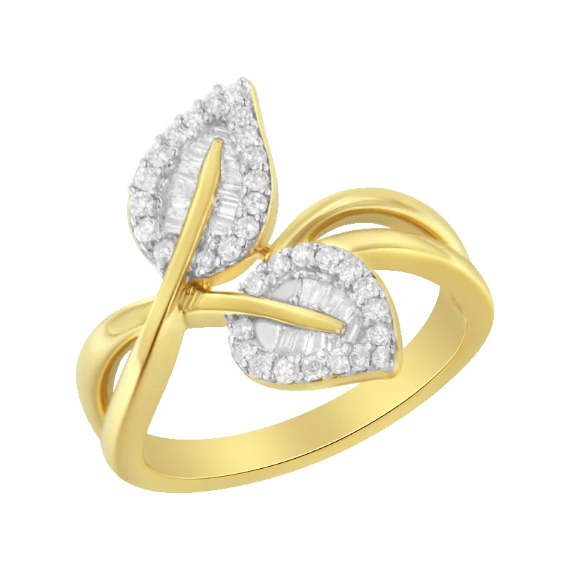 women’s wedding rings with three-stone settings-10K Yellow Gold 3/8 Cttw Round and Baguette-Cut Diamond Leaf Cocktail Ring