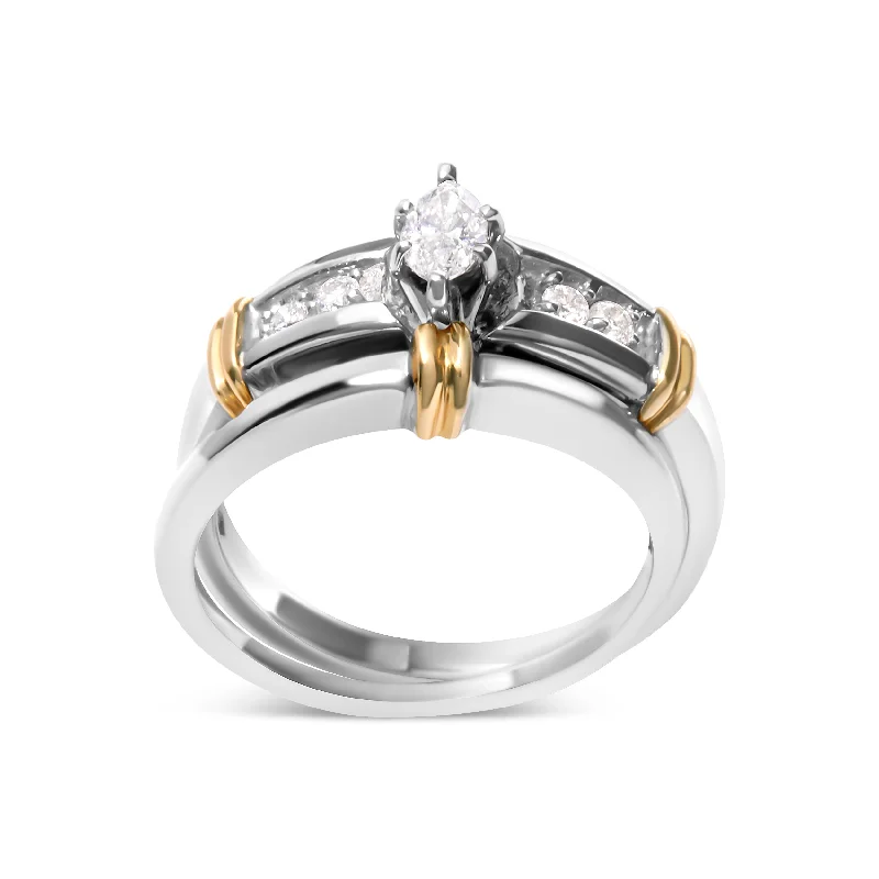 women’s wedding rings with rubies and diamonds-14K Yellow and White Gold 1/3 Cttw Marquise Diamond Cocktail Engagement Ring Set