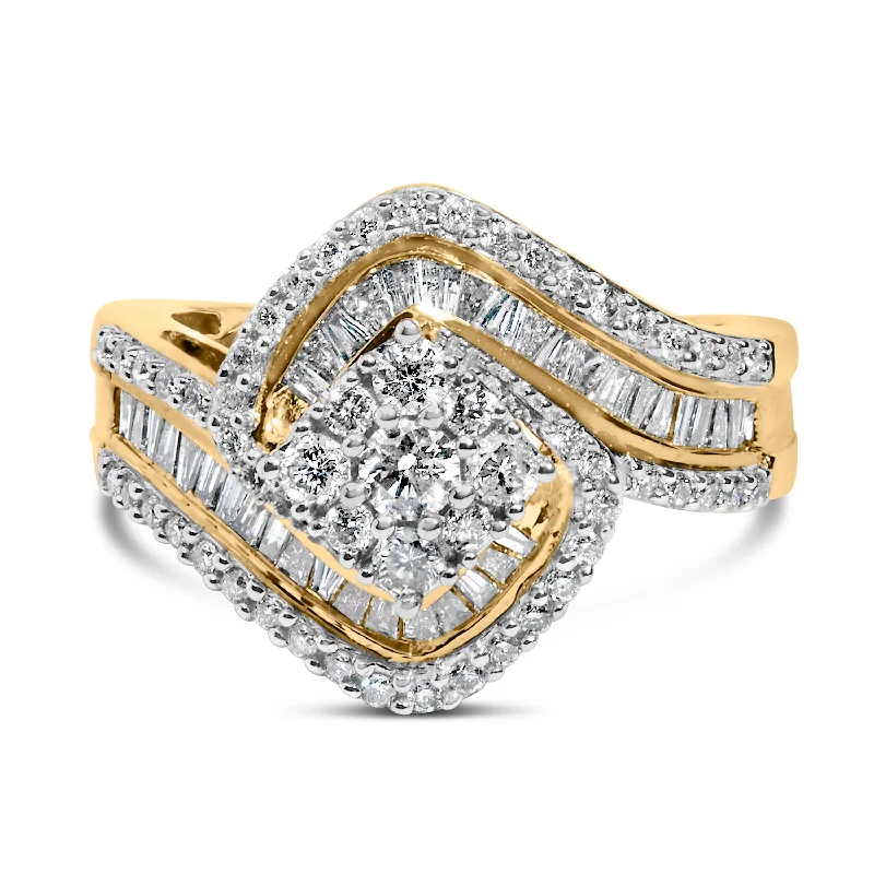 platinum wedding rings for men with custom designs-14K Yellow Gold 1.0 Cttw Baguette & Brilliant-Cut Diamond Round Floral Cluster Engagement or Fashion Ring with Swirl Wrapped Triple Row Band