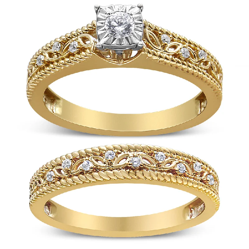 women’s rings with side diamonds and rubies-14K Yellow Gold Plated .925 Sterling Silver 1/5 Cttw Diamond Art Deco Style Engagement Ring Bridal Set