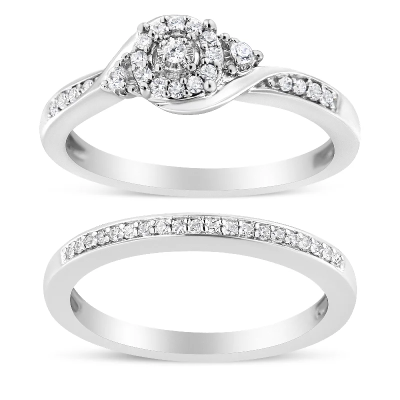 men’s wedding rings with diamond bands and engraving-.925 Sterling Silver 1/4 Cttw Diamond Halo and Swirl Engagement Ring and Wedding Band Set