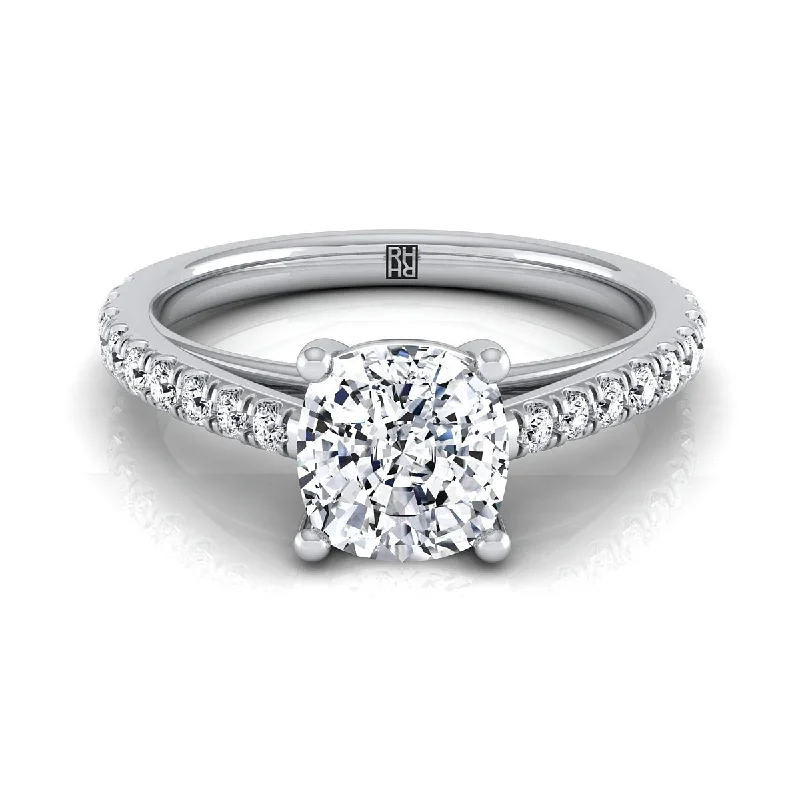 women’s rings with unique gemstone shapes-Platinum Cushion Diamond French Pave Cathedral Style Solitaire Engagement Ring -1/4ctw