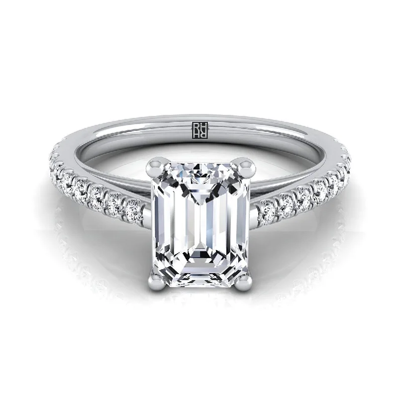 custom wedding rings for men with gemstone inlays-Platinum Emerald Cut Diamond French Pave Cathedral Style Solitaire Engagement Ring -1/4ctw