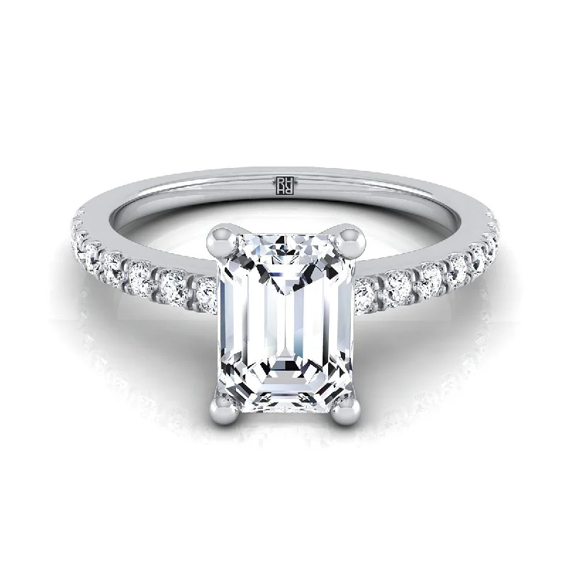 men’s engagement rings with diamond pave bands-Platinum Emerald Cut Simple Linear Diamond Pave Engagement Ring -1/5ctw