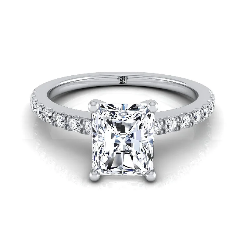 unique engagement rings with multi-stone designs-Platinum Radiant Cut Center Simple Linear Diamond Pave Engagement Ring -1/5ctw