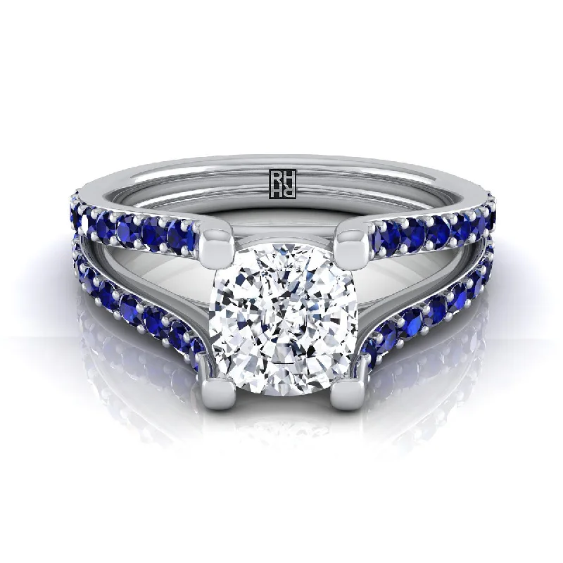 women’s engagement rings with oval sapphires and diamonds-Platinum Cushion Prong Set Sapphire Split Shank Engagement Ring