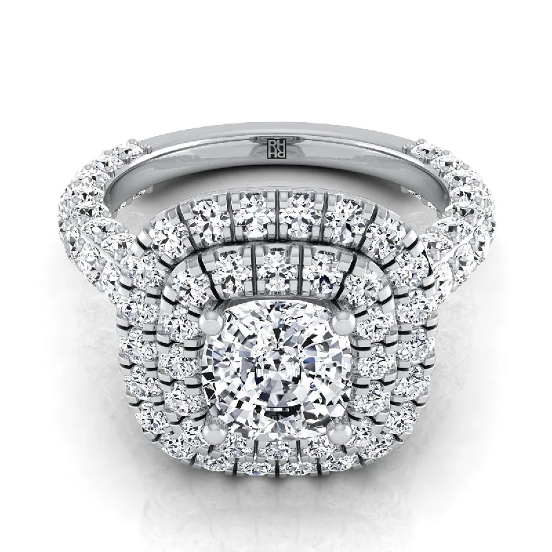 men’s platinum engagement rings with intricate designs-Platinum Cushion Diamond Bold and Fancy Double Halo French Pave Engagement Ring -2ctw