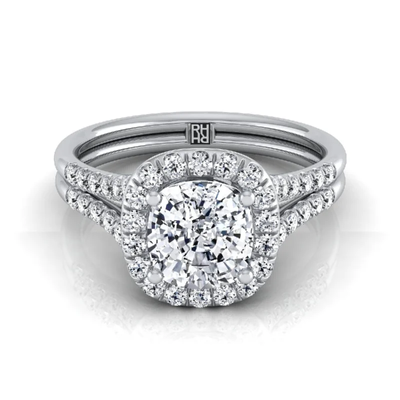 men’s rings with simple diamond designs-Platinum Cushion French Pave Split Shank Halo Engagement Ring -3/8ctw