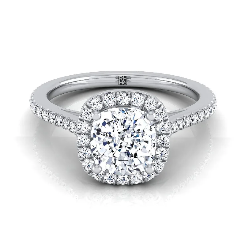 platinum engagement rings with side sapphires-Platinum Cushion Classic French Pave Halo and Linear Engagement Ring -1/4ctw