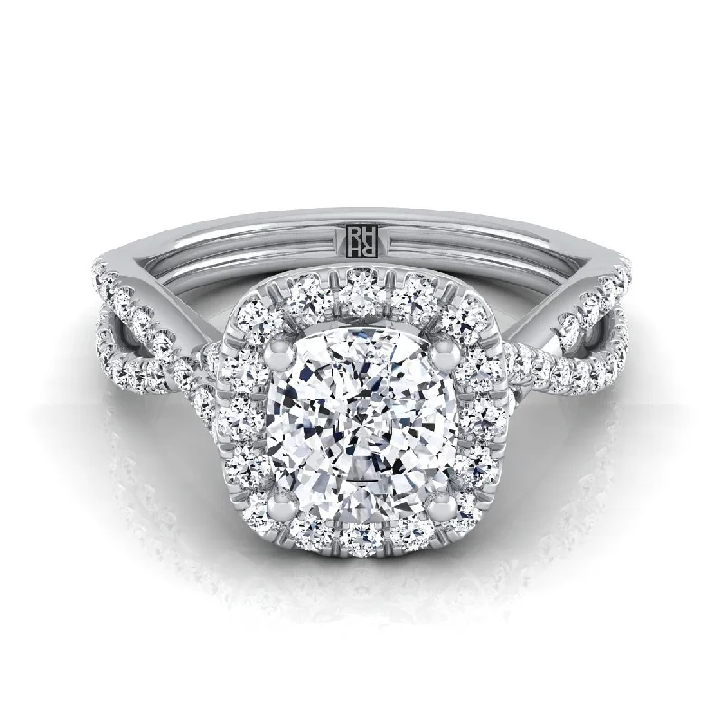 women’s rings with unique gemstone shapes-Platinum Cushion Diamond  Twisted Scalloped Pavé Halo Center Engagement Ring -1/2ctw