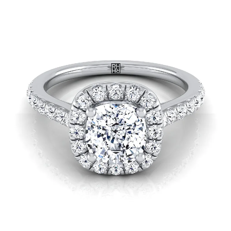 women’s engagement rings with cushion-cut diamonds and sapphires-Platinum Cushion Diamond Classic Pave Halo Cathedral Style Engagement Ring -1/2ctw