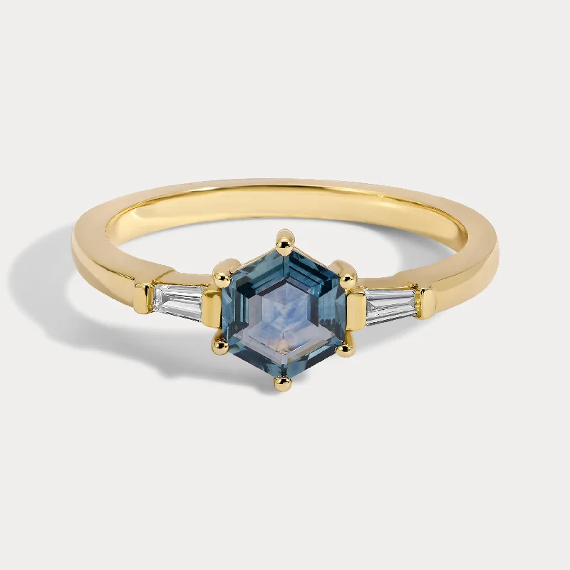 custom rings for engagement with emerald-cut sapphires-Daphne - 0.72ct Hexagon Sapphire and Diamond Ring