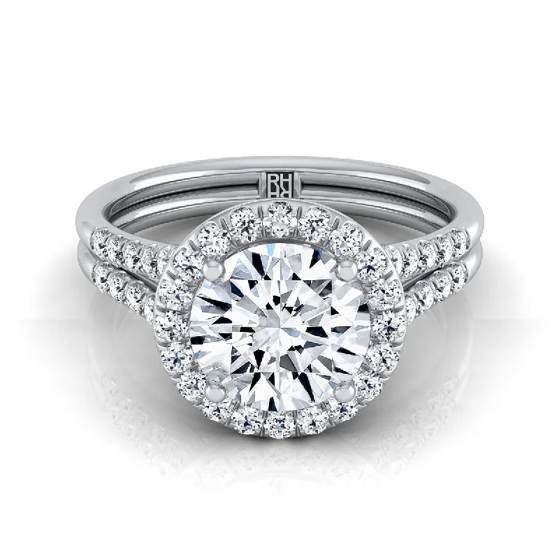 engagement rings with radiant-cut diamonds for women-Platinum Round Brilliant French Pave Split Shank Halo Engagement Ring -3/8ctw