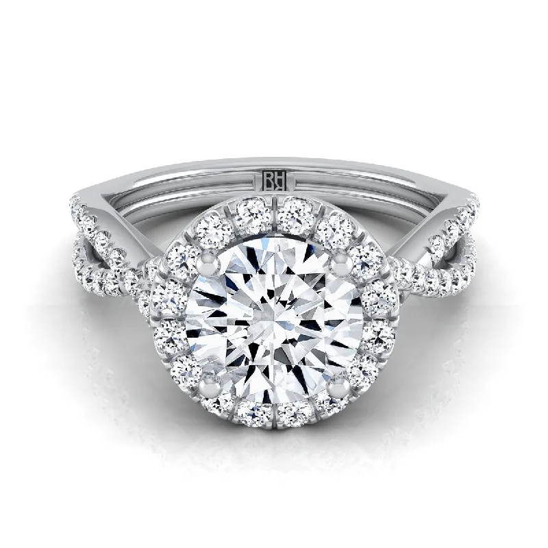 men’s diamond engagement rings with halo settings-Platinum Round Brilliant Diamond  Twisted Scalloped Pavé Halo Center Engagement Ring -1/2ctw