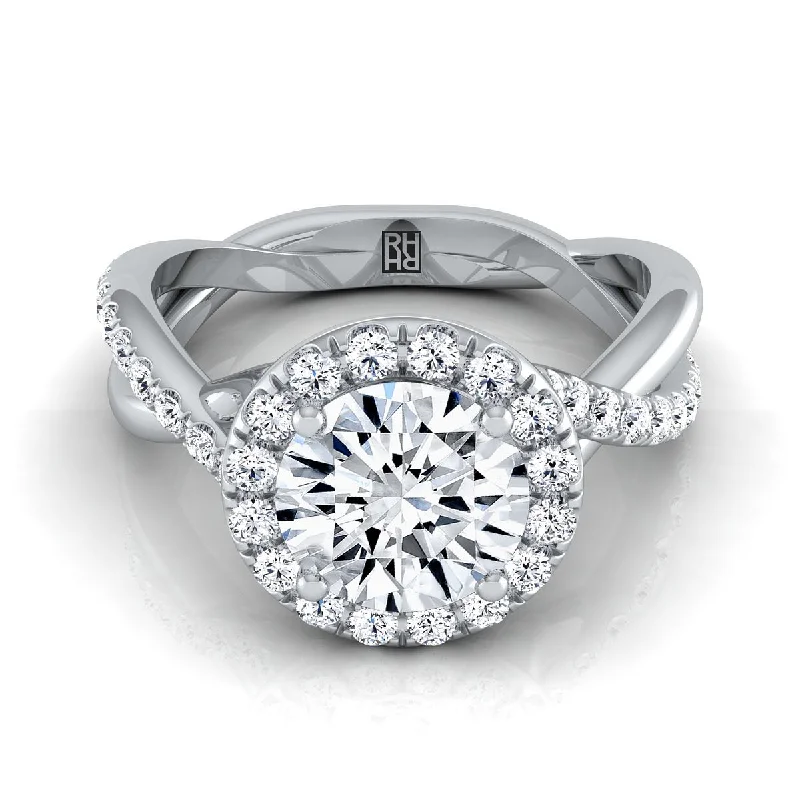 wedding bands for women with infinity designs-Platinum Round Brilliant Diamond Twisted Vine Halo Engagement Ring -1/2ctw