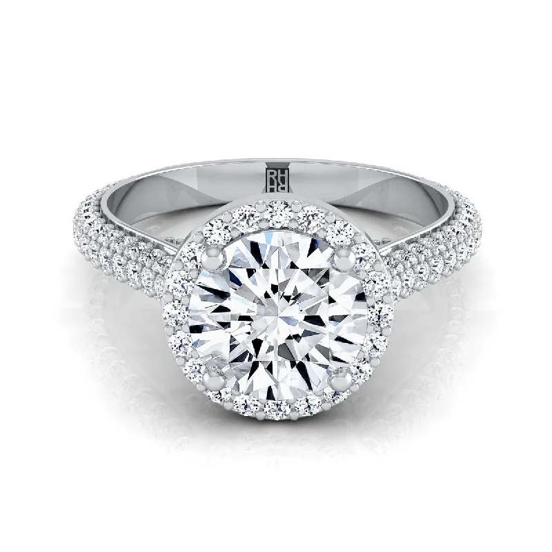 custom engagement rings with baguette diamonds-Platinum Round Brilliant Diamond Micro-Pavé Halo Engagement Ring -7/8ctw