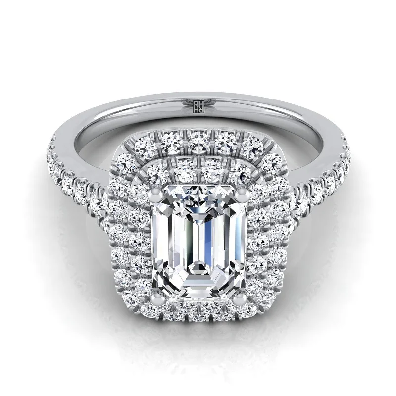 custom wedding rings for couples with matching designs-Platinum Emerald Cut Diamond Double Halo Scalloped Pavé Engagement Ring -1/2ctw