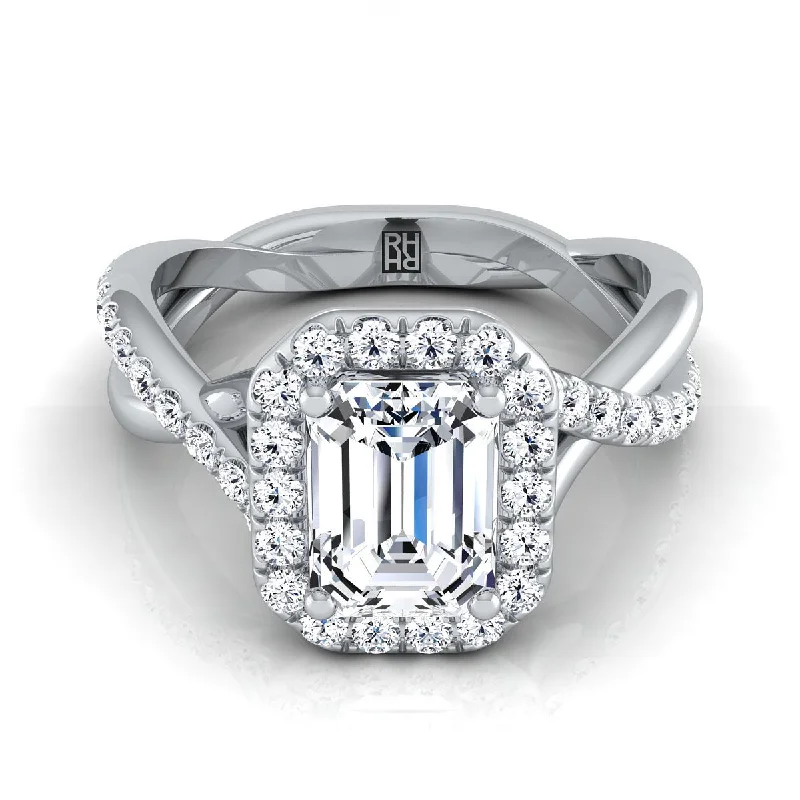 men’s wedding bands with custom metal finishes-Platinum Emerald Cut Diamond Twisted Vine Halo Engagement Ring -1/2ctw