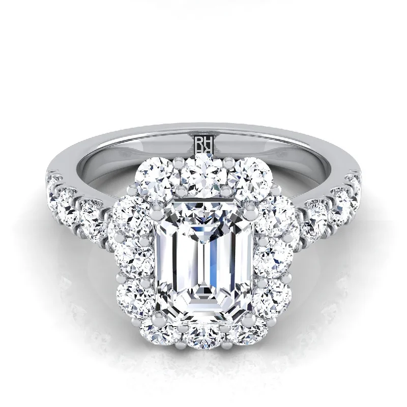 vintage-style engagement rings with diamonds and sapphires-Platinum Emerald Cut Diamond Luxe Style French Pave Halo Engagement Ring -1-1/10ctw