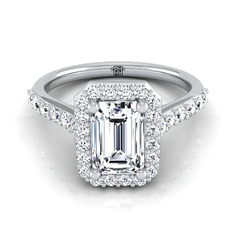 women’s rings with sapphire and diamond halos-Platinum Emerald Cut Diamond Shared Prong Halo with French Pave Engagement Ring -1/2ctw