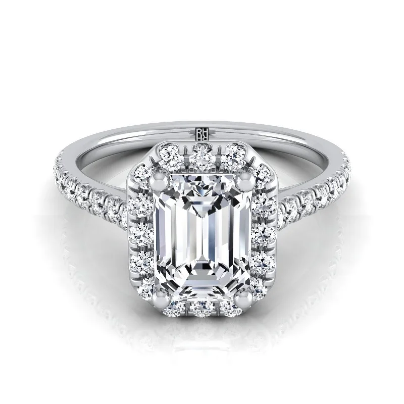 engagement rings with antique diamonds for men-Platinum Emerald Cut Classic French Pave Halo and Linear Engagement Ring -3/8ctw