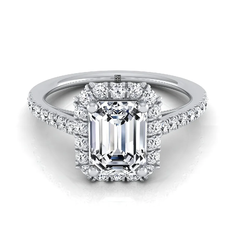 women’s rings with sapphire halos and diamond centers-Platinum Emerald Cut Diamond Petite Halo French Pave Engagement Ring -3/8ctw