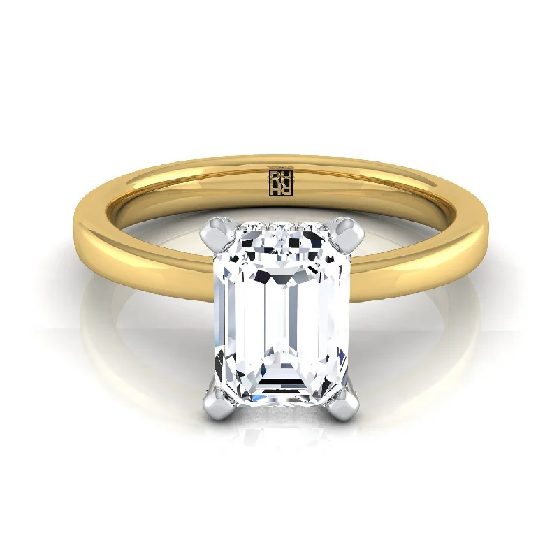 women’s wedding bands with gemstone accents and diamonds-14K Yellow Gold Emerald Cut Diamond Hidden Pave Basket Crown Solitaire Engagement Ring -1/10ctw