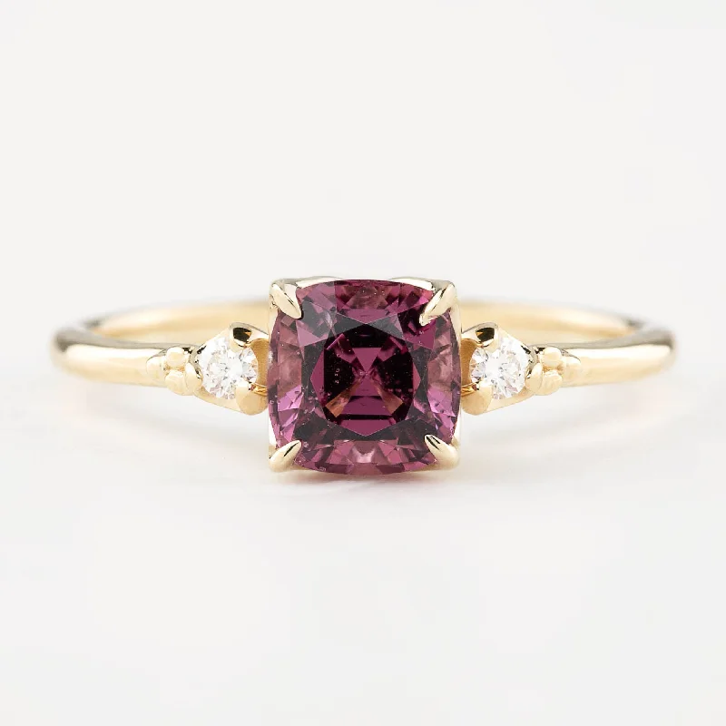 women’s custom engagement rings with diamonds and sapphires-Estel Ring 1.32ct Cushion Cut Fuchsia Pink Spinel, 14k Yellow Gold (One of a kind)