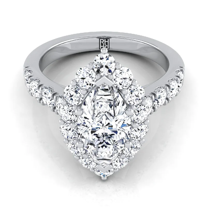 platinum engagement rings with vintage-inspired designs-Platinum Marquise  Diamond Luxe Style French Pave Halo Engagement Ring -1-1/10ctw